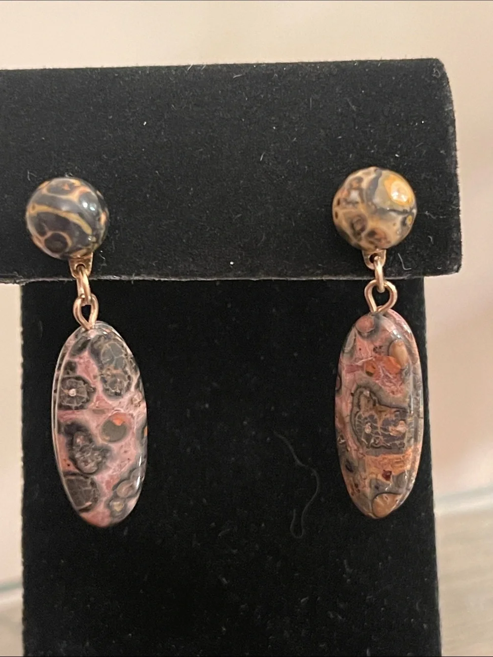 Vintage Leopard Skin Jasper Oval Dangle Drop Earrings Ball/Post Convertible